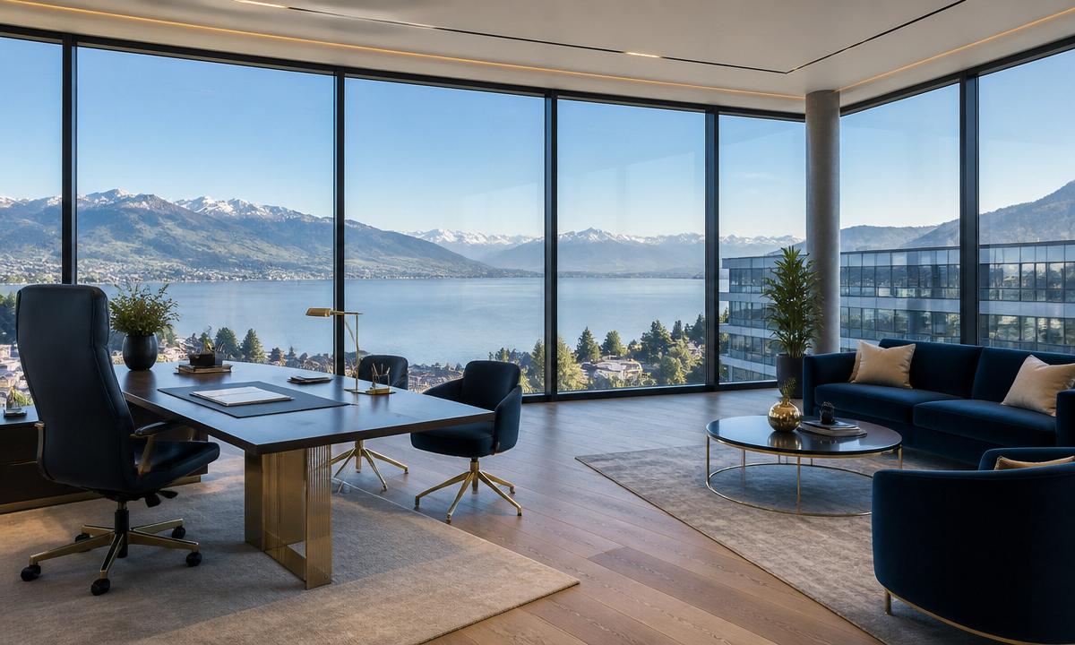 Blick aus einem modernen Büro in Zug auf die Alpen